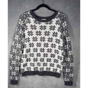 Garnet Hill Fair Isle Sweater Women L Gray White Snowflake Alpaca Wool Blend Ski